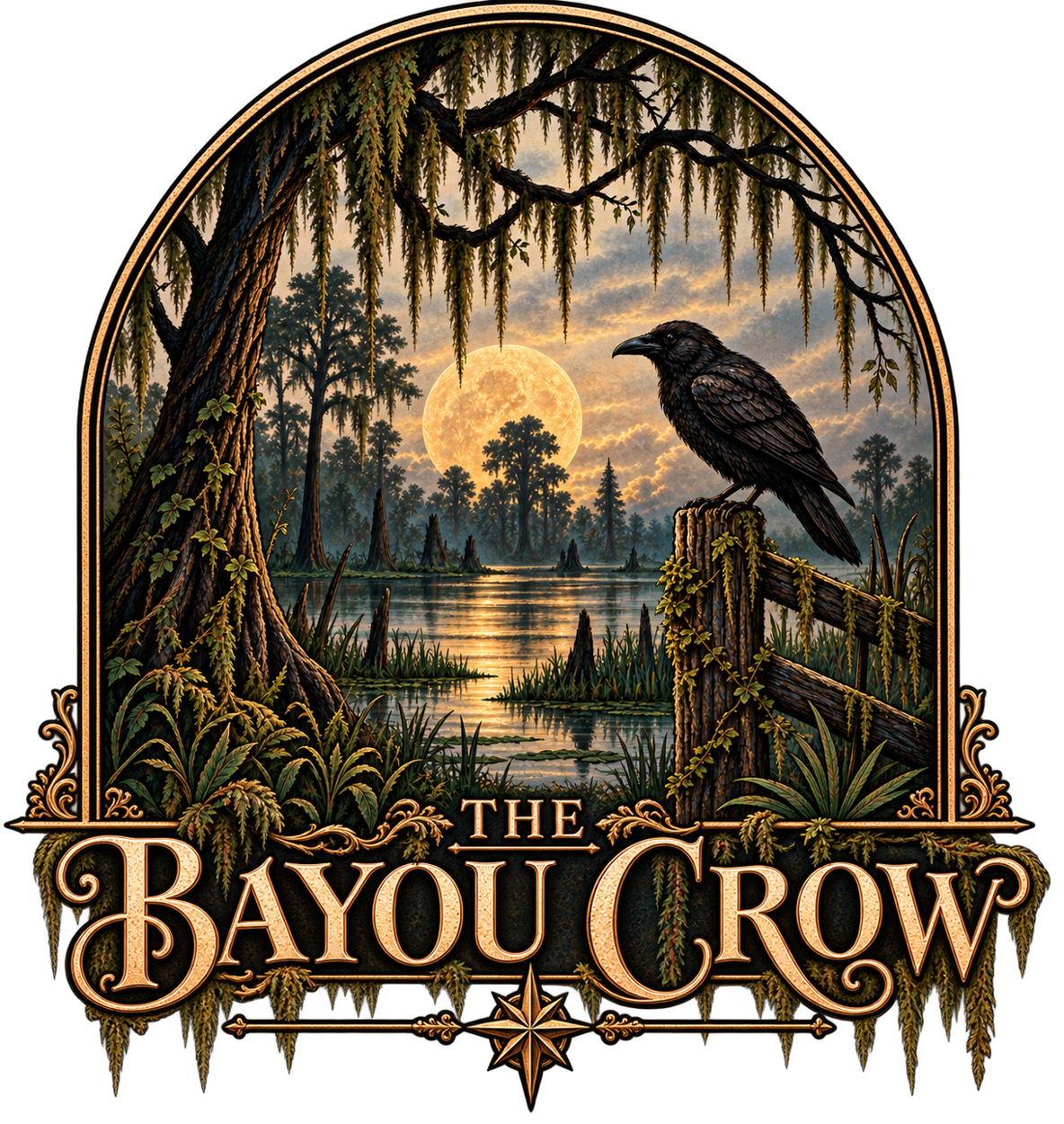 The Bayou Crow illustrated crow and Louisiana swamp logo